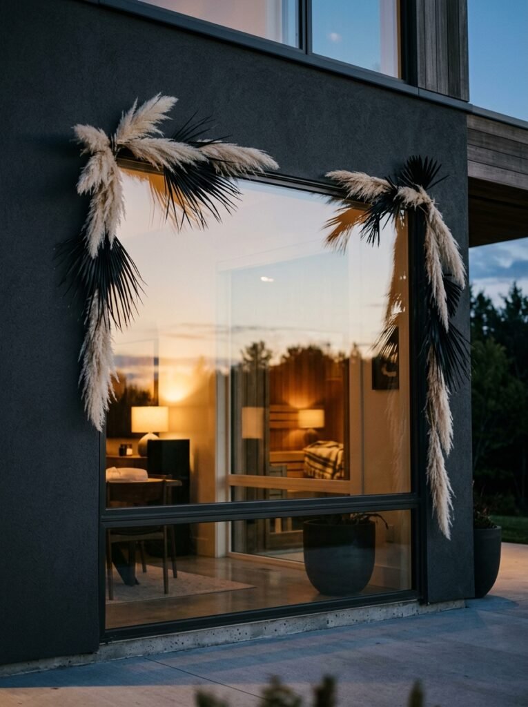 Bleached pampas and black palm frond garland framing a large modern window.