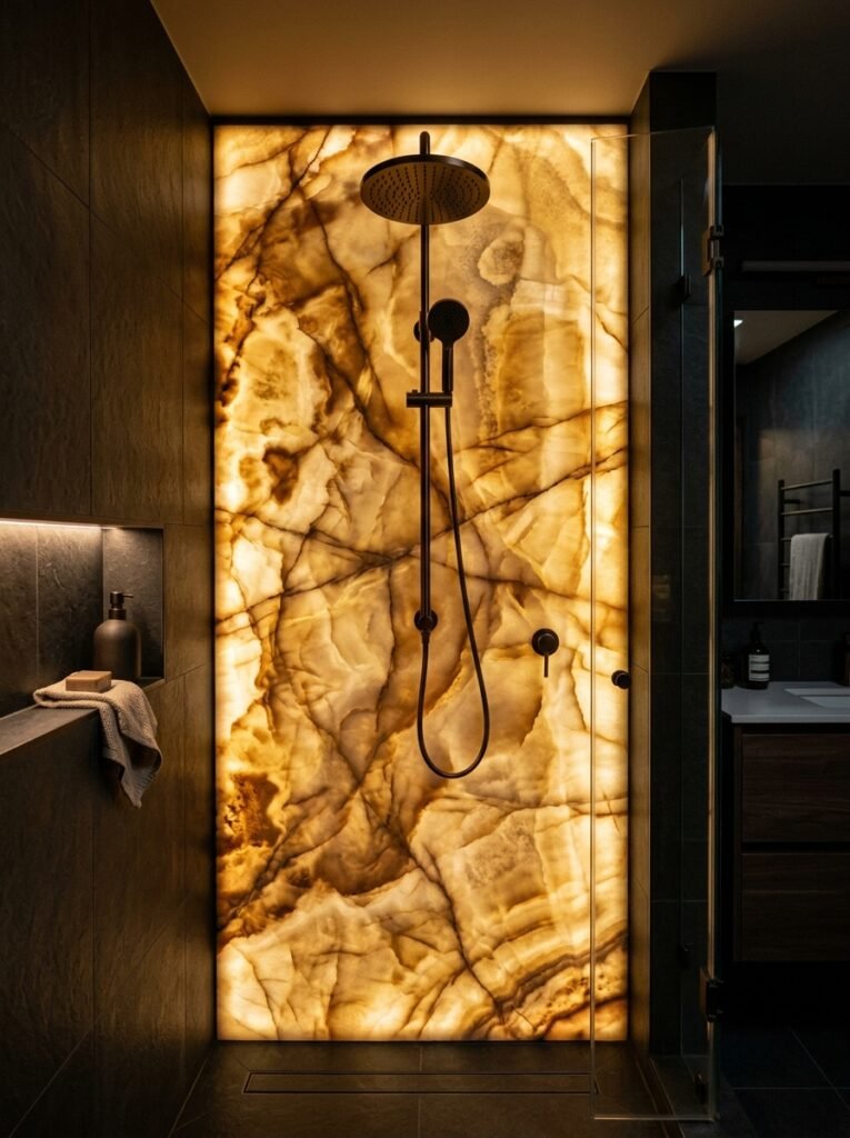 Backlit onyx stone panel in a shower