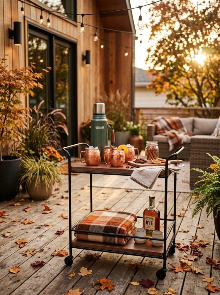 Galvanized tub with birch firewood beside a patio fire pit