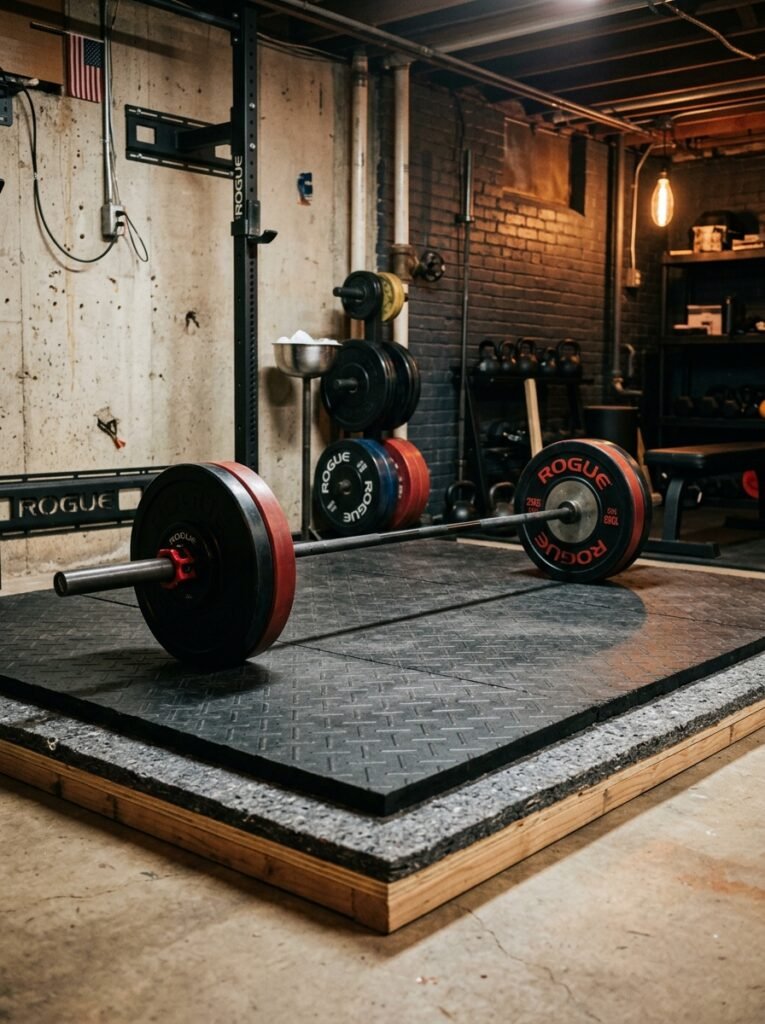Lifting platform with stacked mats in a basement gym