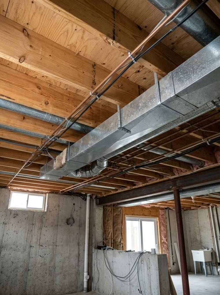 Basement ceiling height and ductwork before finishing