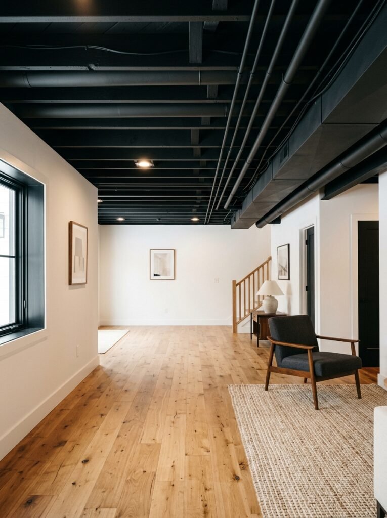 Basement ceiling with joists and ducts sprayed matte black