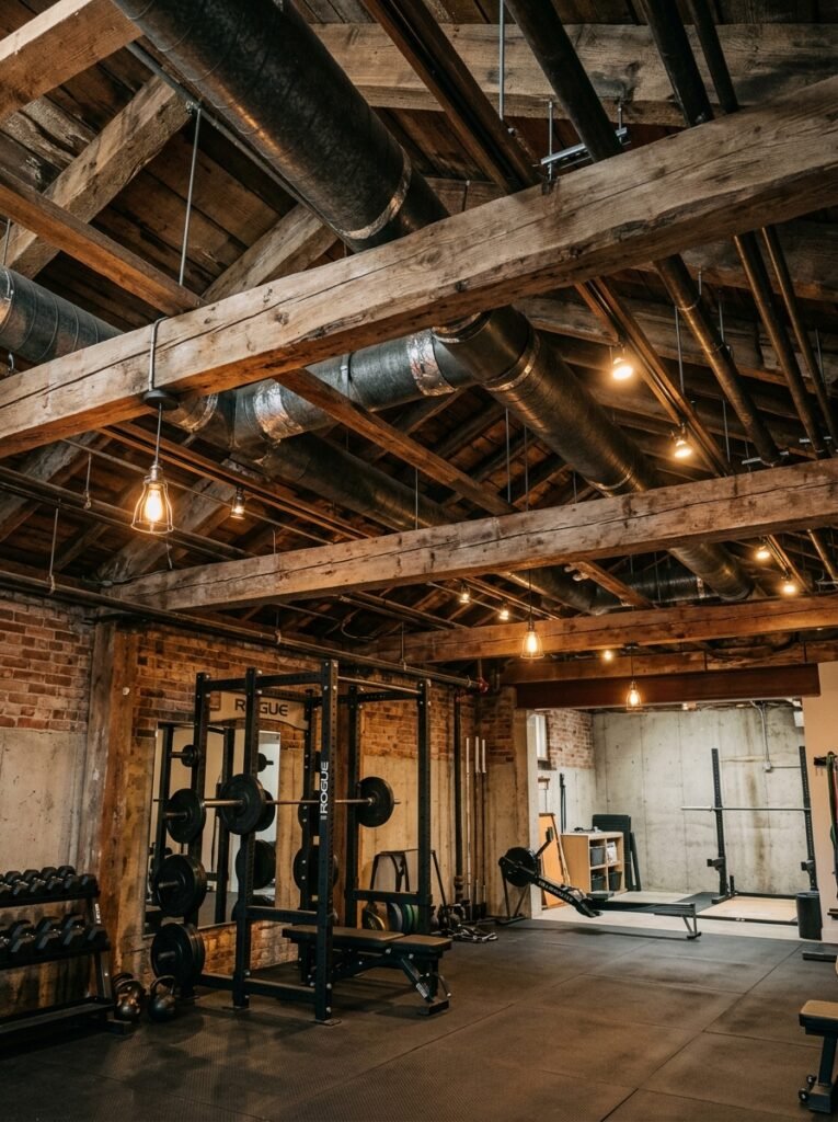 Basement gym ceiling with exposed ductwork above equipment