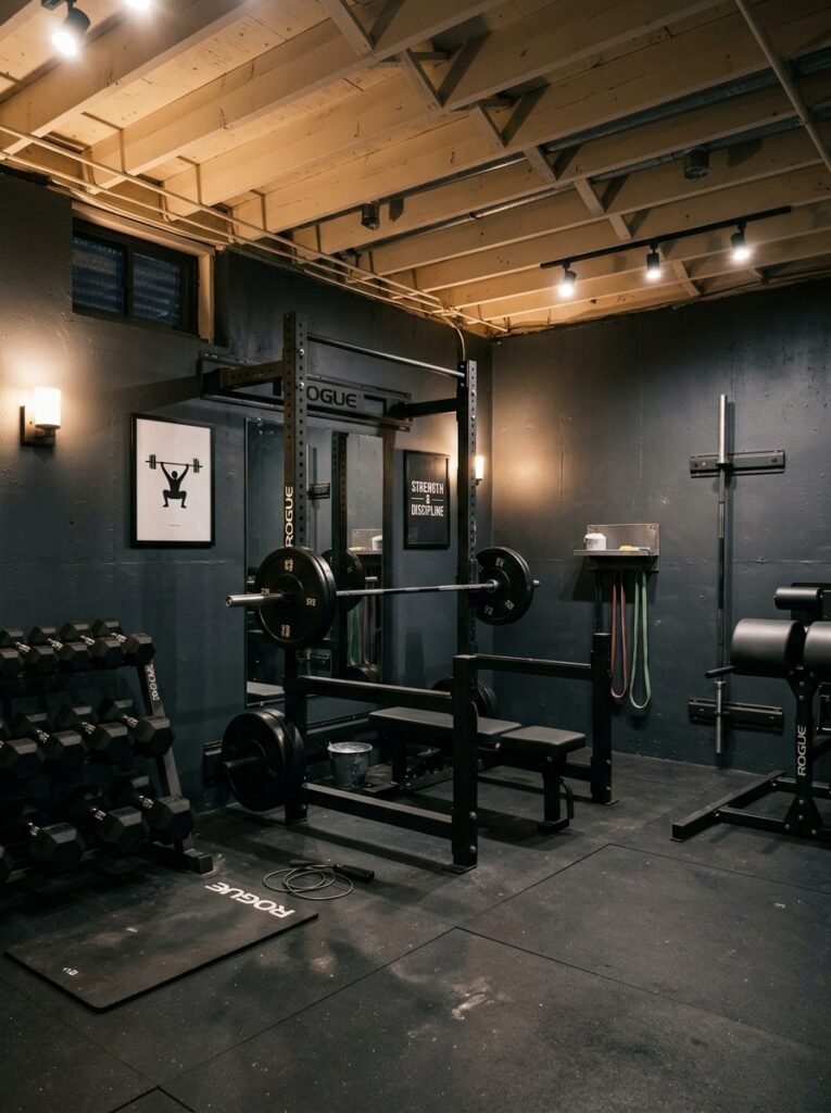 Basement gym with dark charcoal painted walls