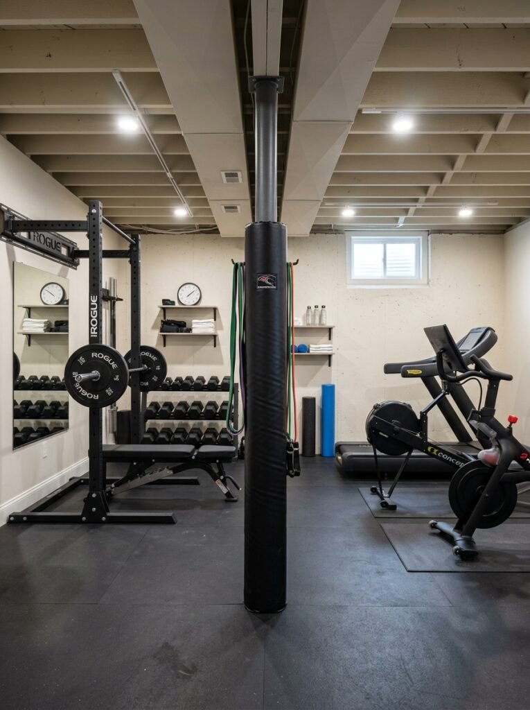 Basement gym laid out around a steel support pole