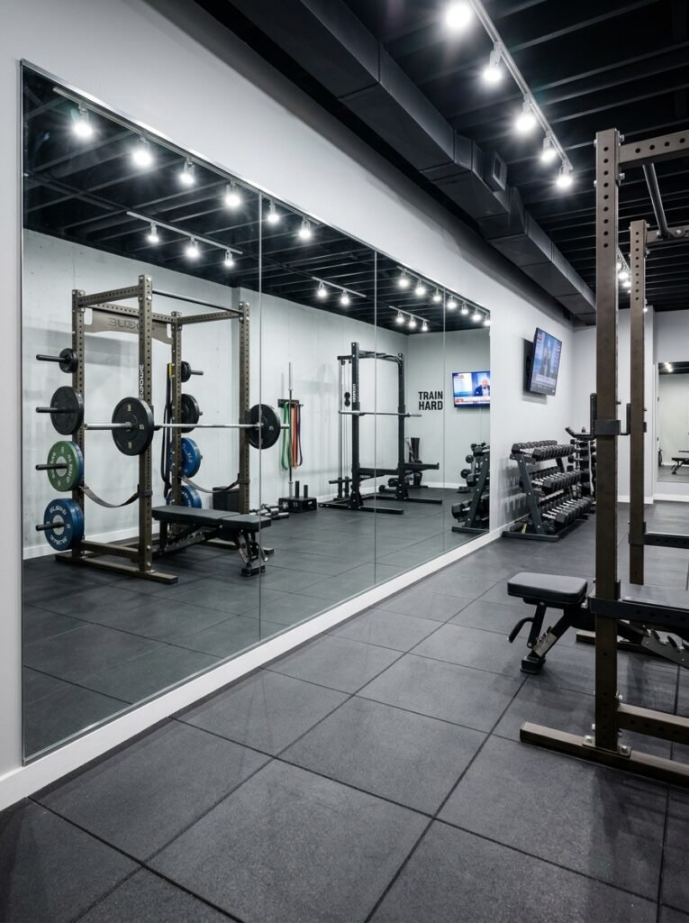 Mirrored wall in a basement gym reflecting the equipment