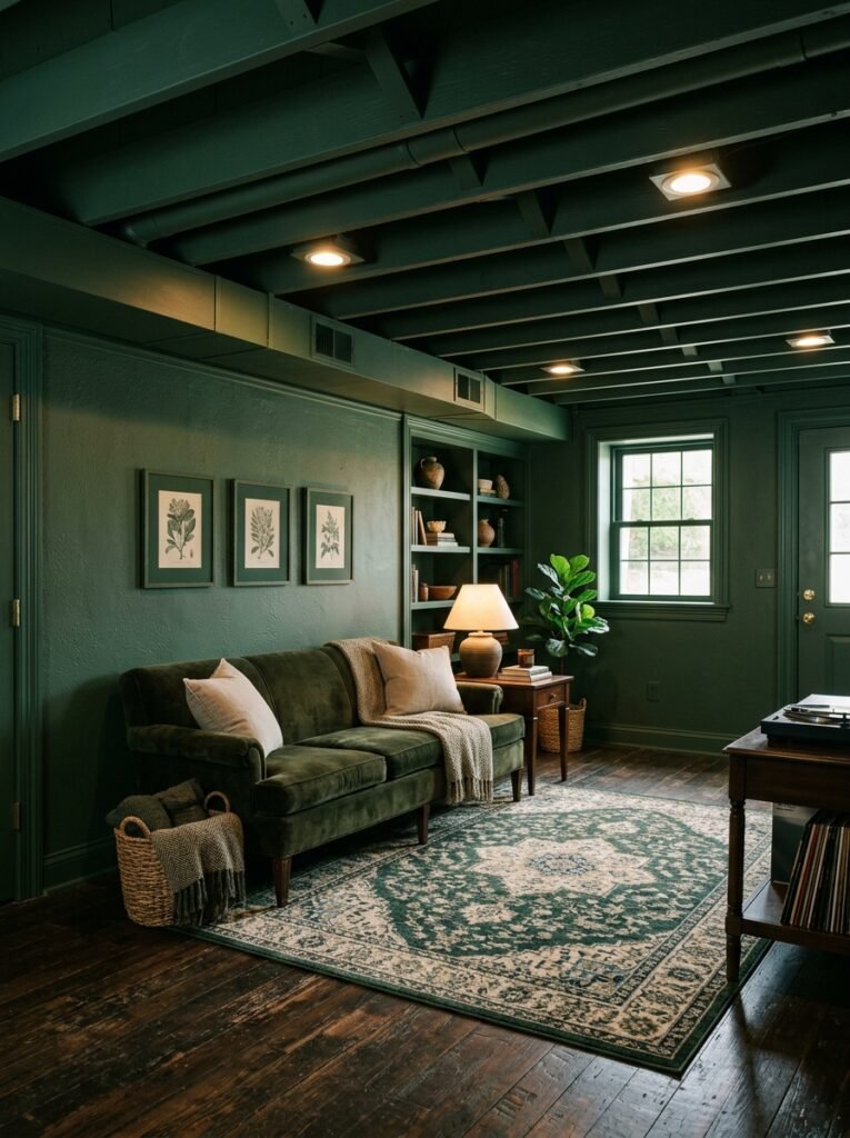 Basement with ceiling and walls painted the same color