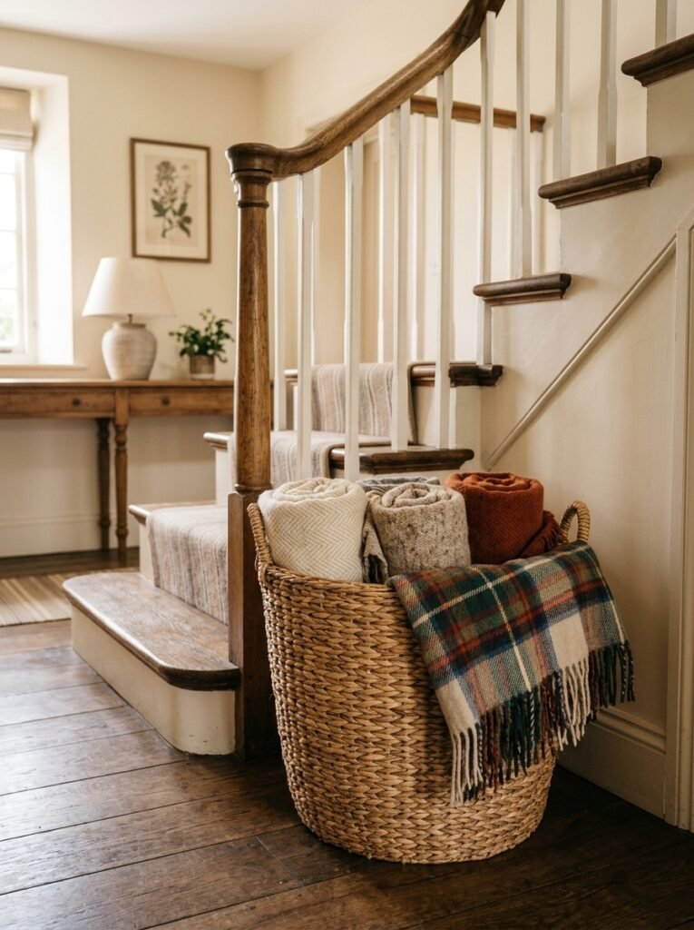 Blanket basket at the base of a staircase