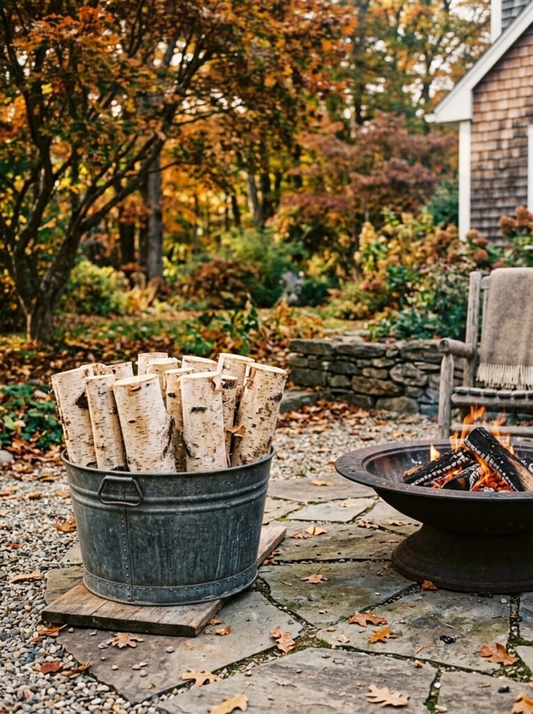 Galvanized tub with birch firewood beside a patio fire pit