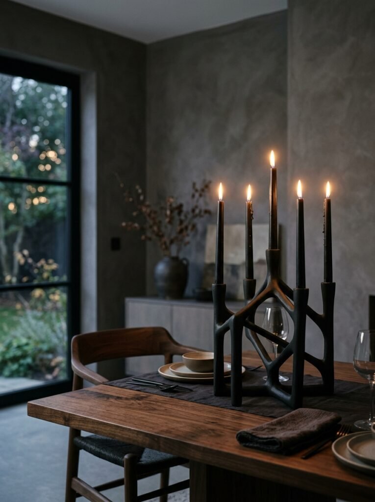 Black iron candelabra with dripping wax tapers
