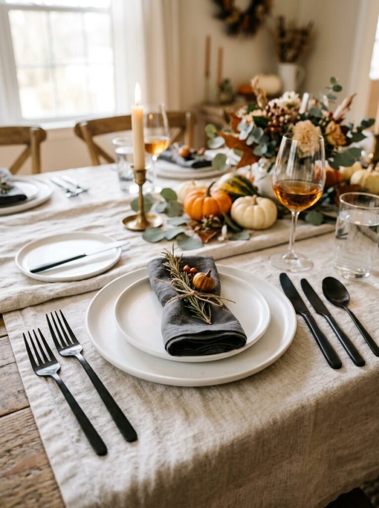 Matte black cutlery on white porcelain place setting