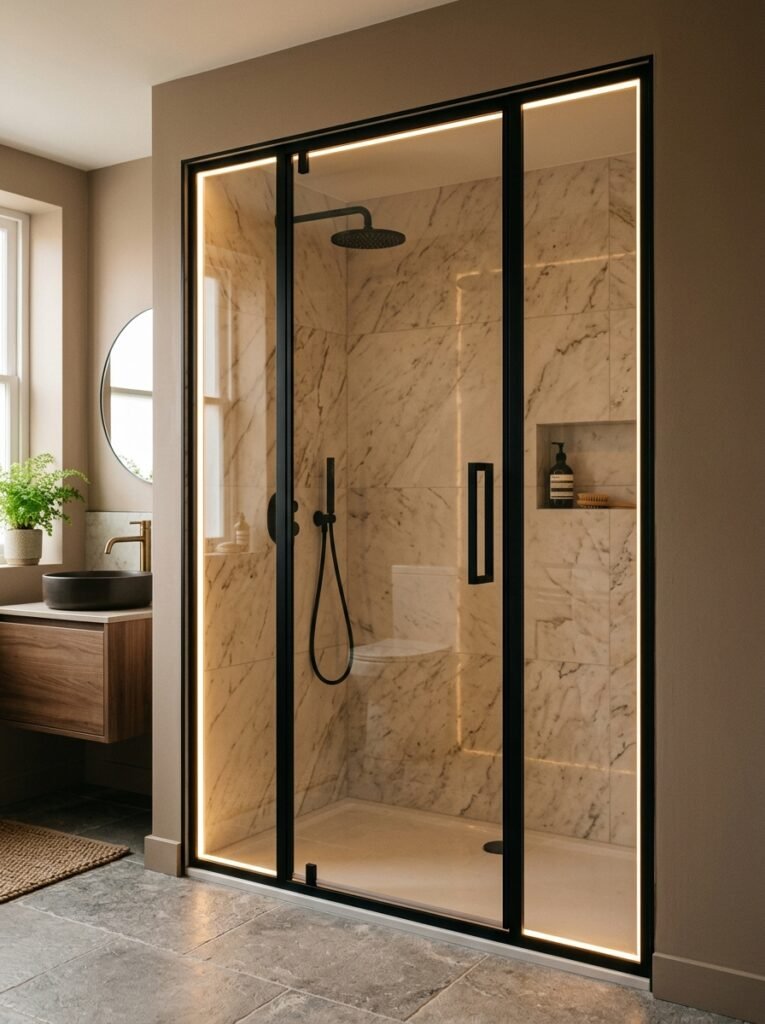 Backlit frame outlining a glass shower door