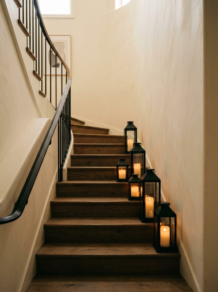 Matte black lanterns with LED candles on stairs