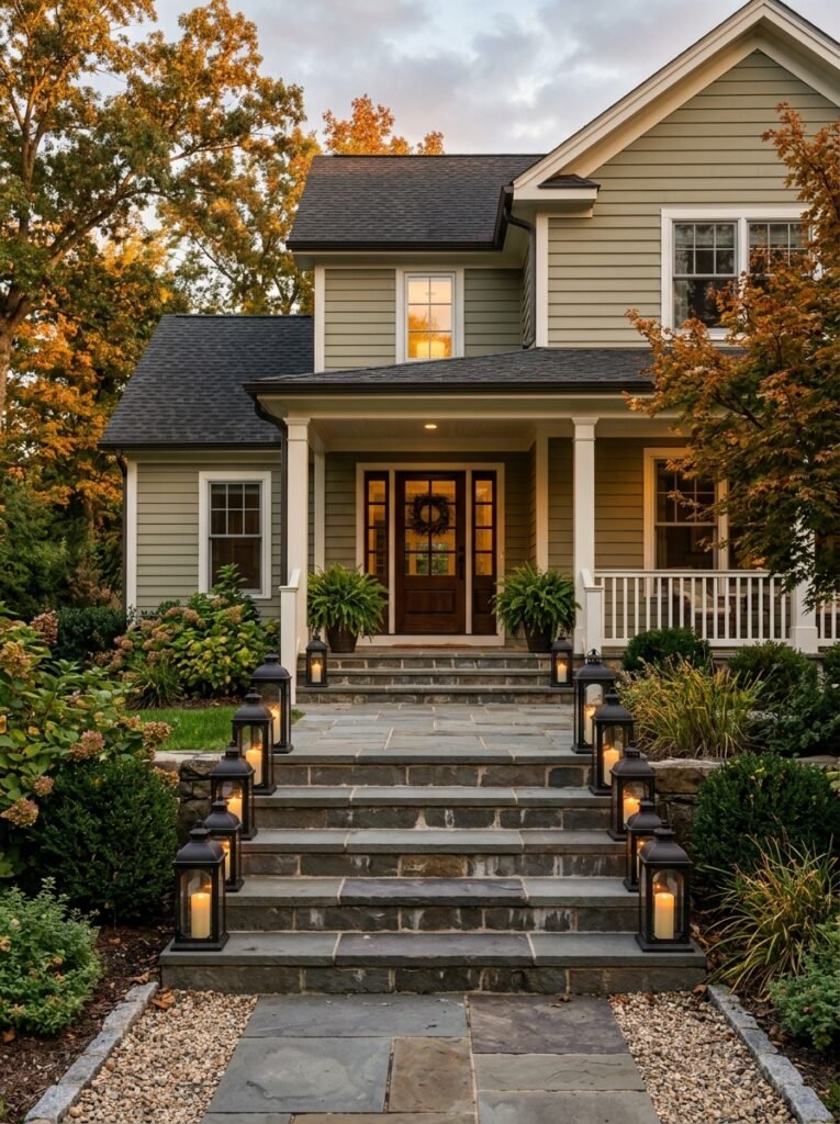 Black lanterns lining Halloween porch steps