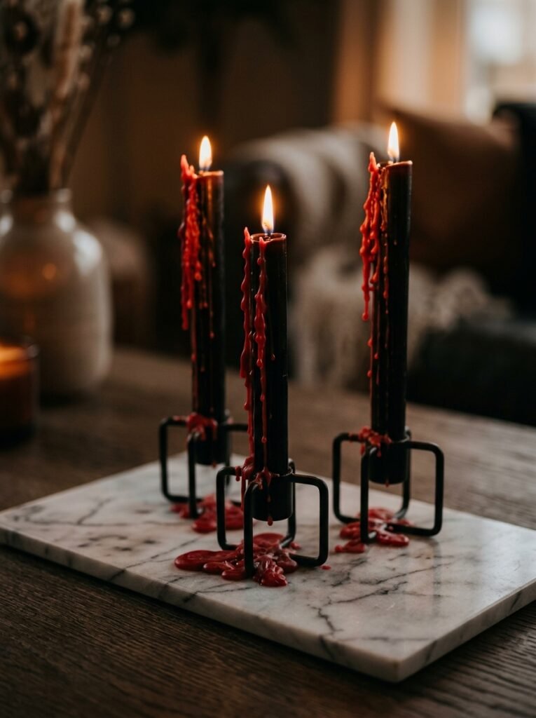 Black tapers with dripping red wax on a tray