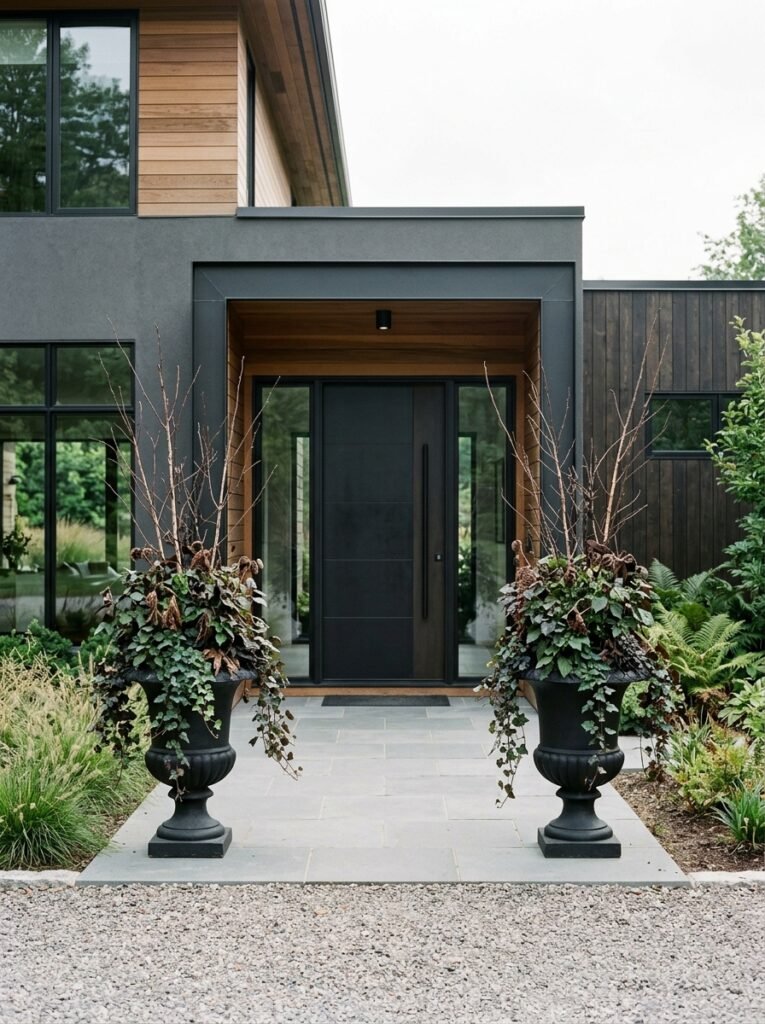 Black urns framing a Halloween front door