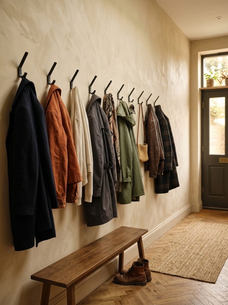 Single row of wall hooks in a narrow entryway
