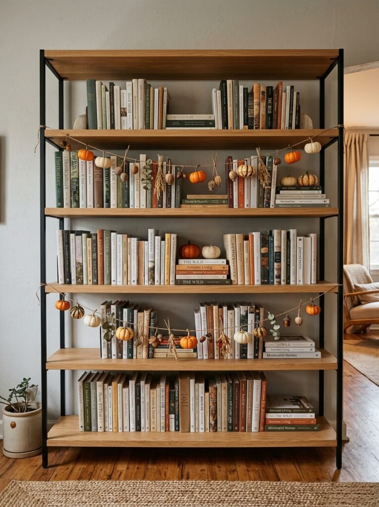 Miniature pumpkin and dried seed pod garland draped on modern bookcase shelves.