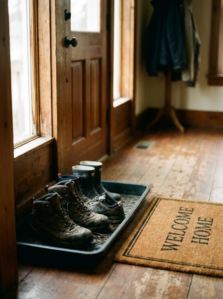 Boot tray with wet boots inside a front door