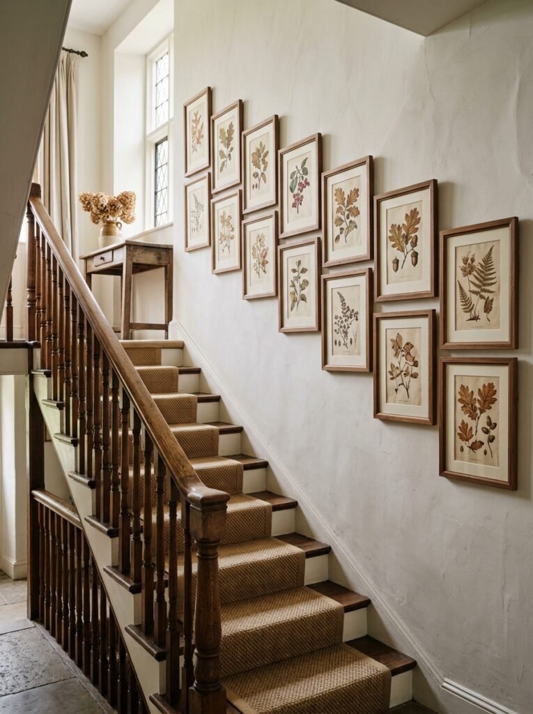 Vintage botanical prints along a staircase wall
