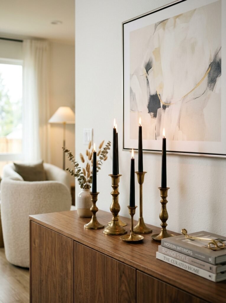 Mismatched brass candlesticks with black taper candles