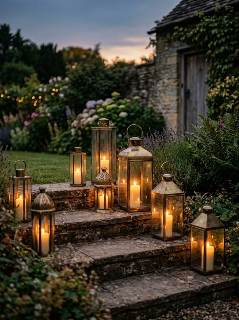 Brass lanterns with pillar candles on patio steps