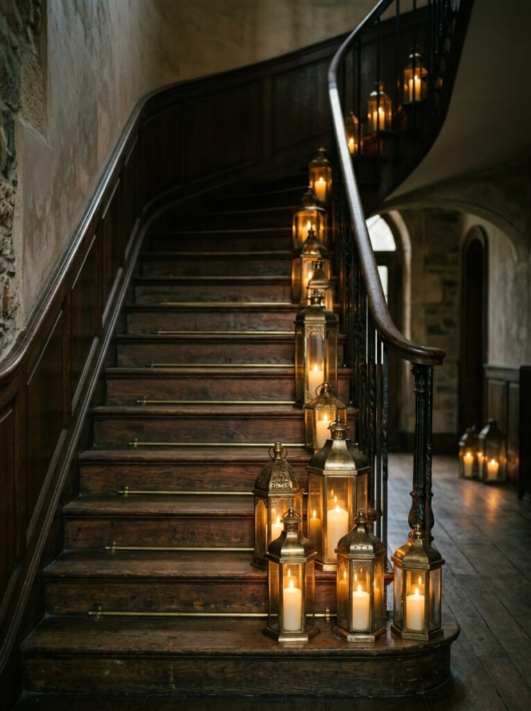 Brass lanterns with pillar candles on staircase steps