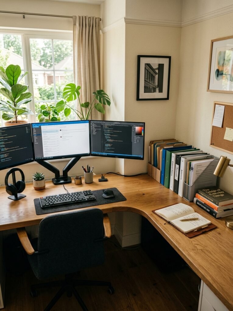 Wraparound L-shaped built-in corner desk