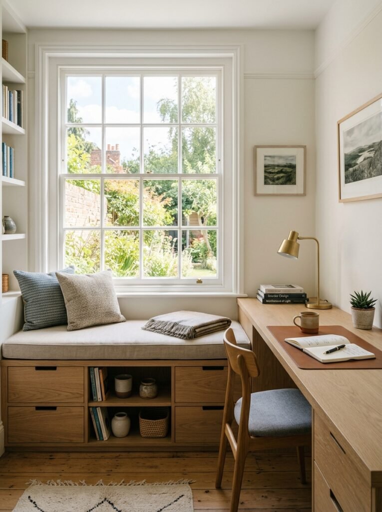Built-in desk connected to a window seat