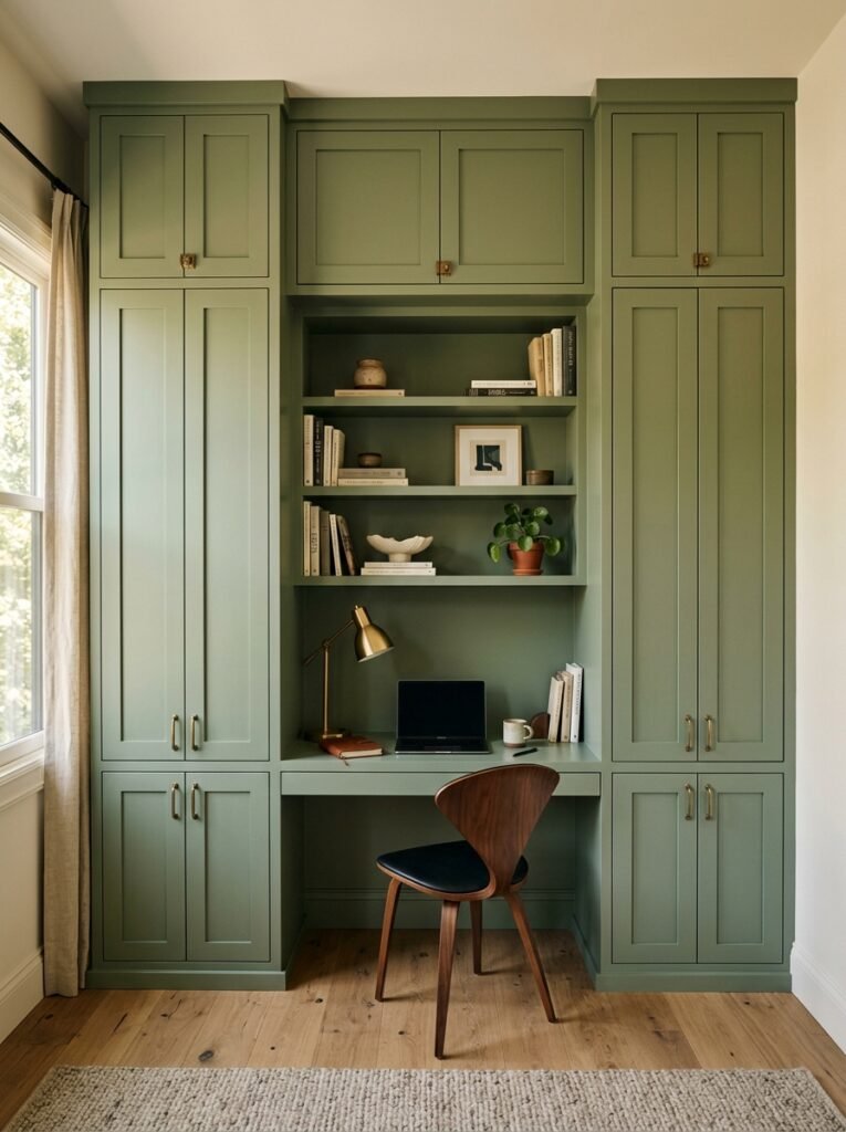 Built-in desk framed by full wall cabinetry