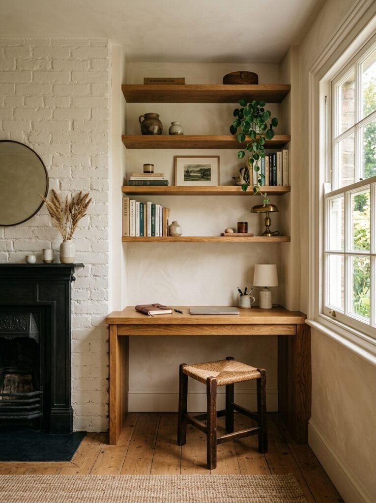 Built-in desk in an alcove beside a chimney breast