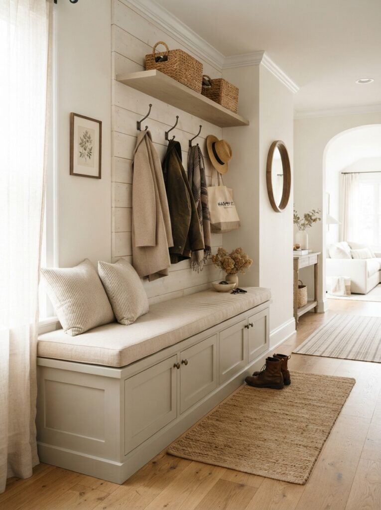 Built-in entryway bench with cabinet doors below