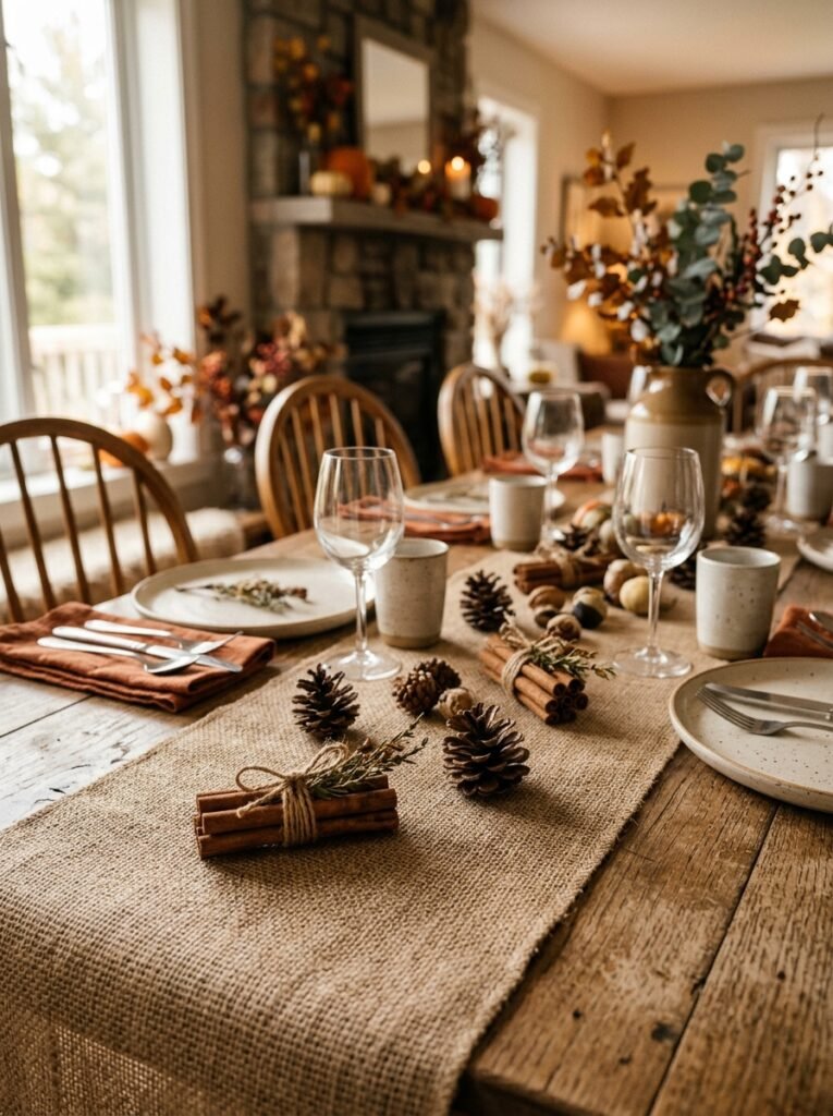 Burlap runner with pinecones and cinnamon stick ties