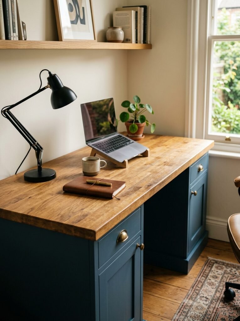 Butcher block desk top over painted cabinetry