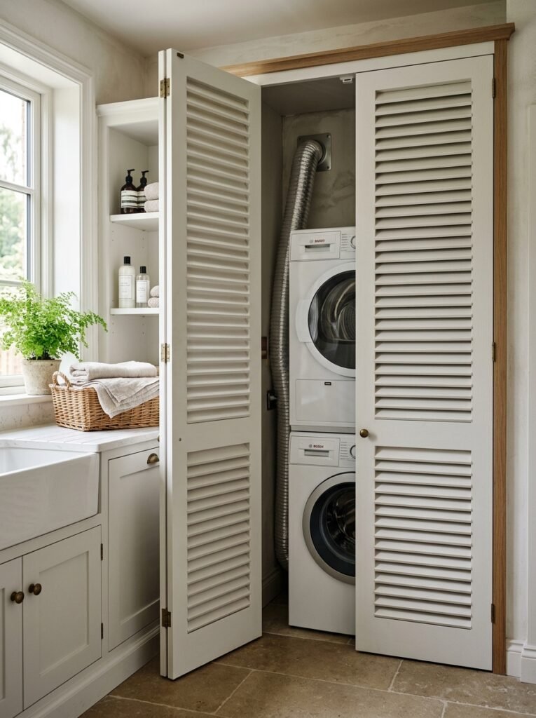 Louvred doors providing ventilation for enclosed laundry machines