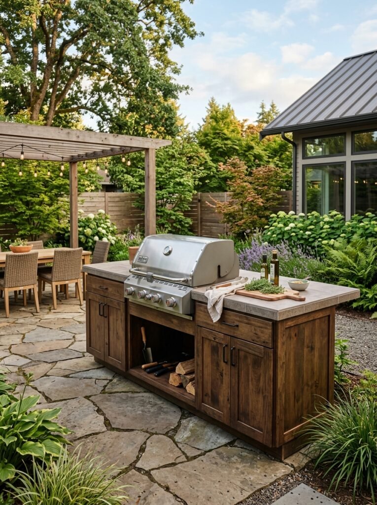 Repurposed kitchen cabinets built into a grill island