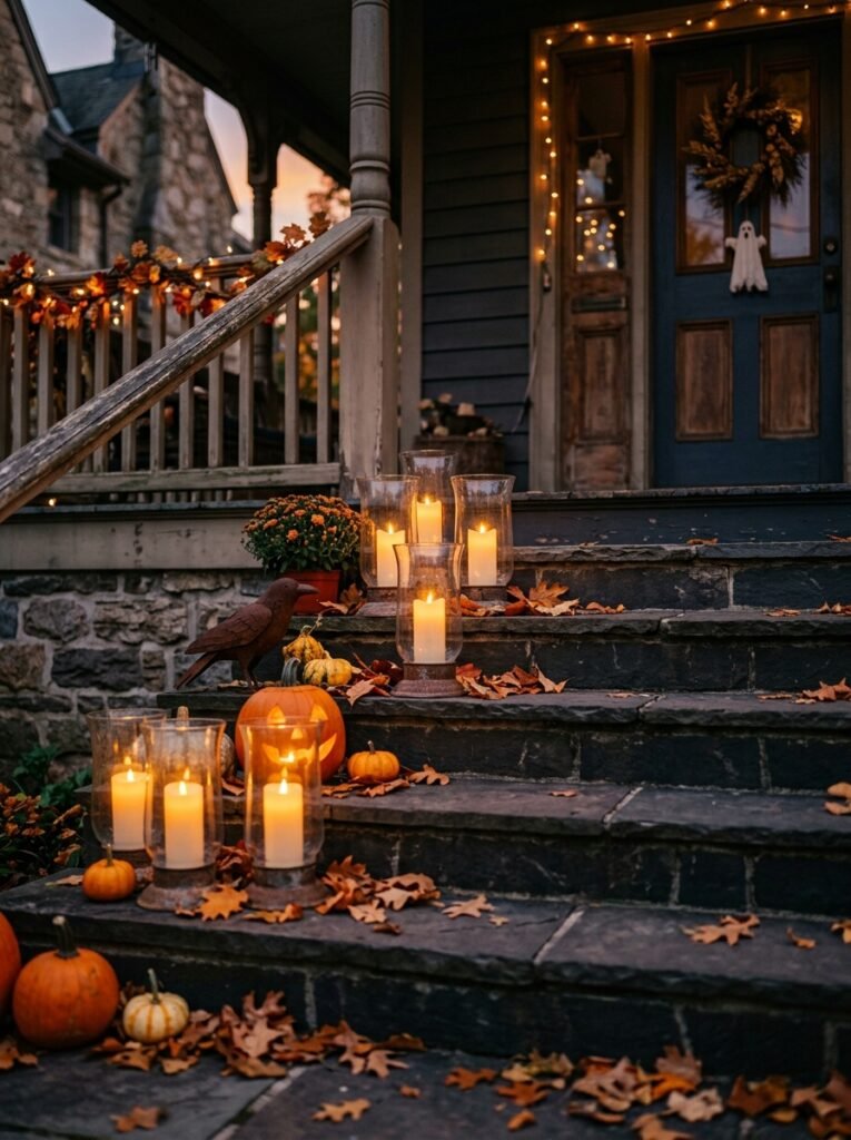 Hurricane glass candles grouped on Halloween porch steps
