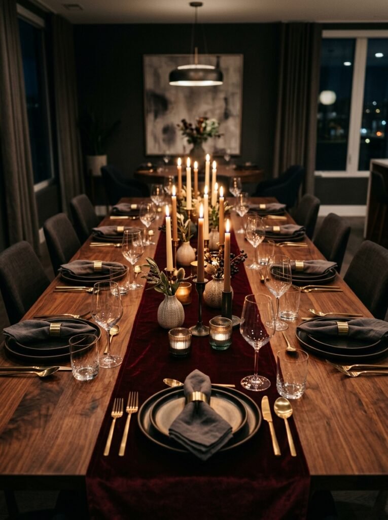 Dark wood dining table with burgundy velvet runner.