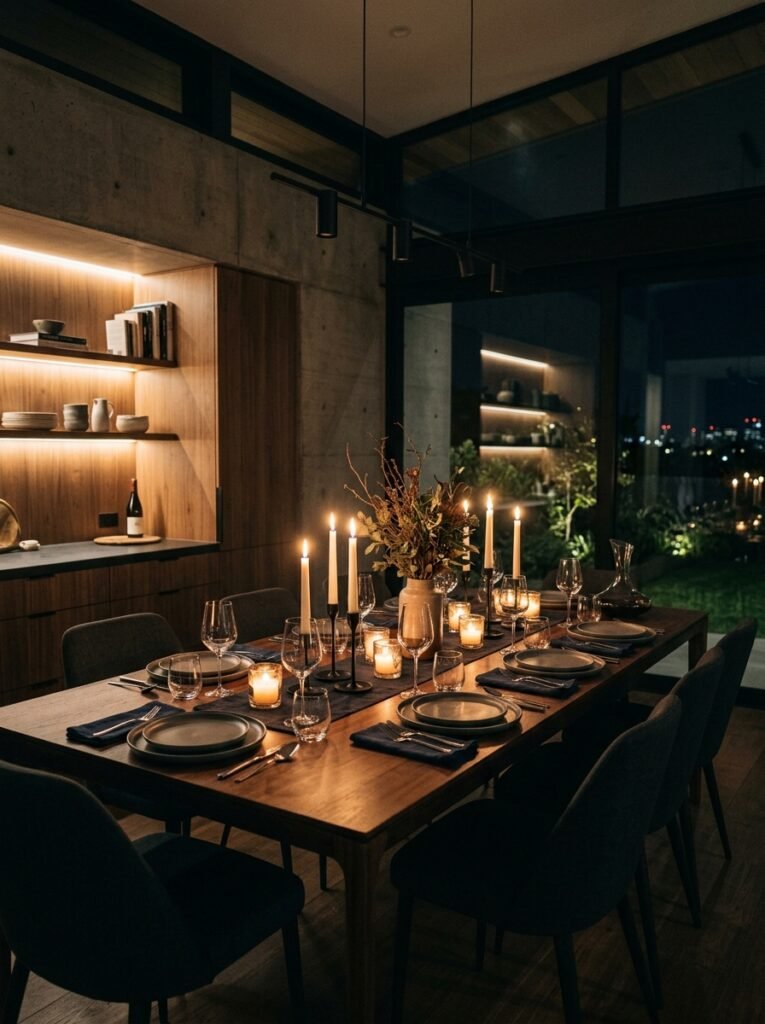Candlelit modern dining table setting.