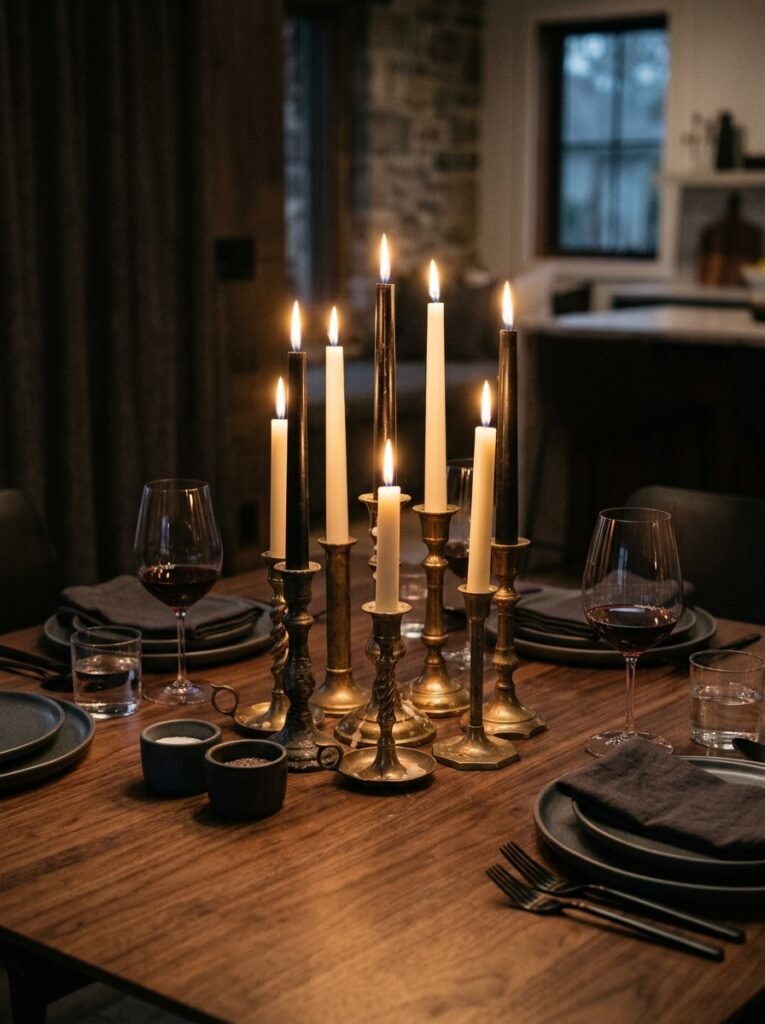 Clustered brass candlesticks with black and cream tapers.