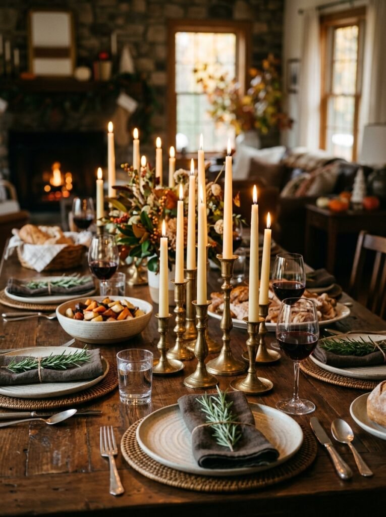 Brass candlesticks with rosemary sprigs at each setting