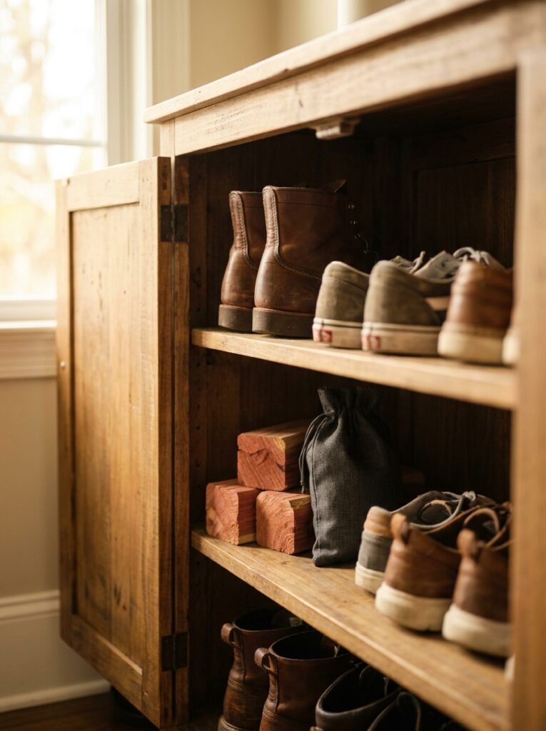 Cedar blocks and charcoal bag in an entryway shoe cabinet
