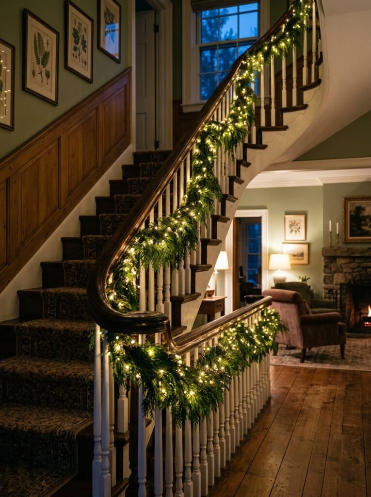 Cedar garland with fairy lights on a staircase railing