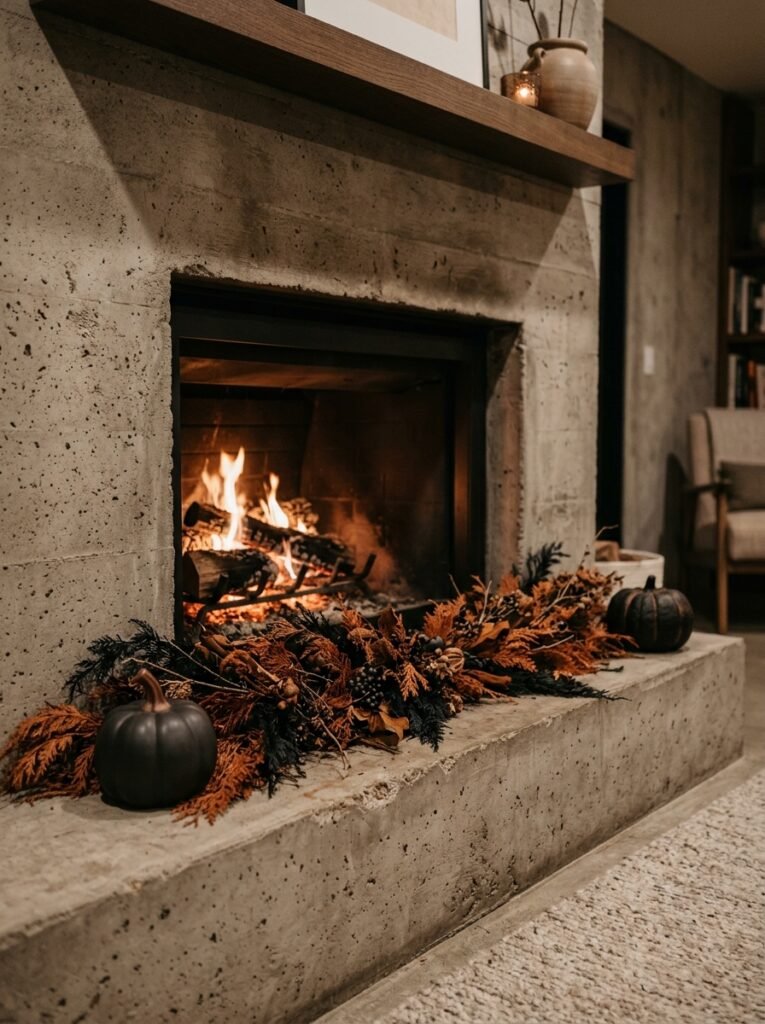 Burnt sienna and black cedar garland running low across a modern fireplace hearth.