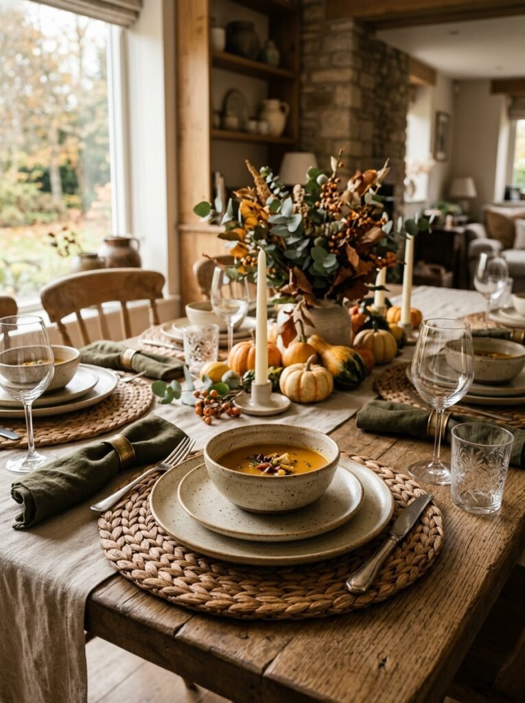 Rattan placemats with earthy ceramic dishware