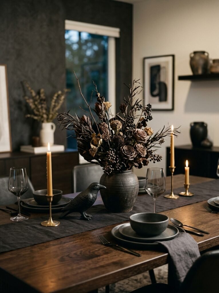 Matte black ceramic raven centerpiece accent.