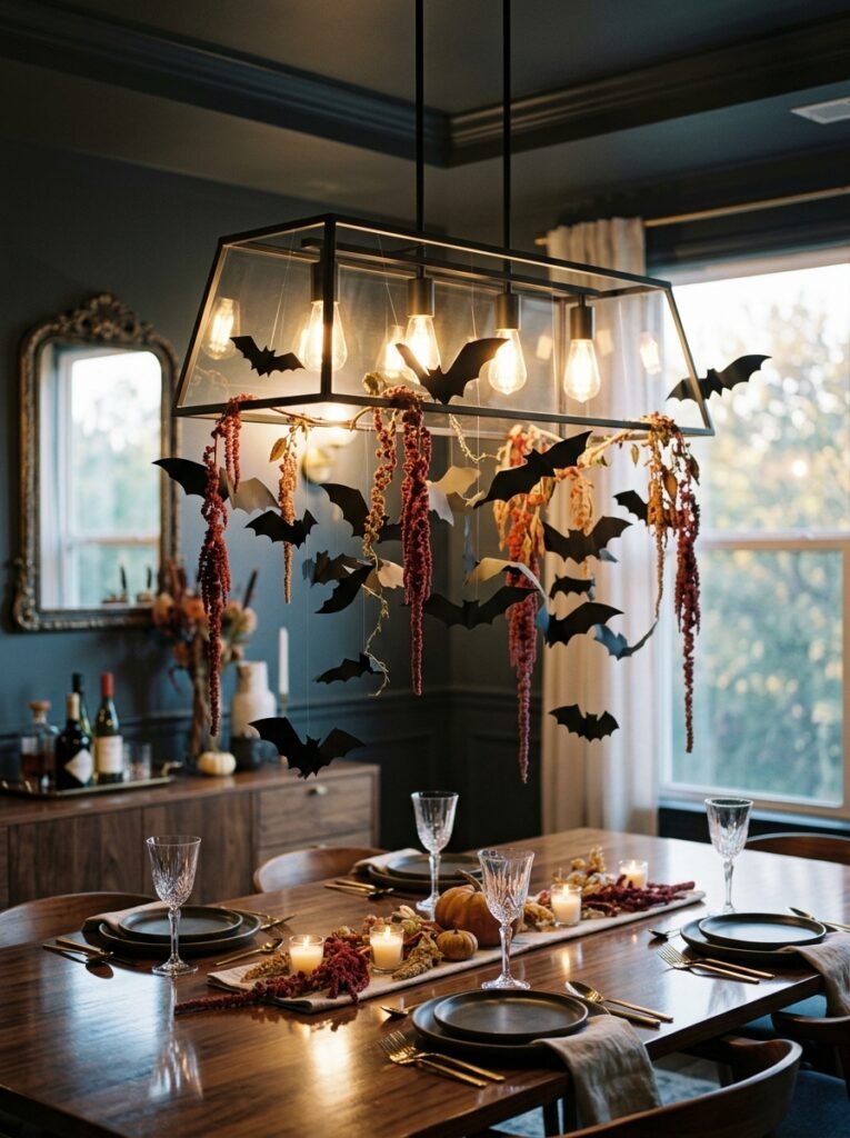 Paper bats and trailing dried amaranthus suspended on a modern dining room chandelier.