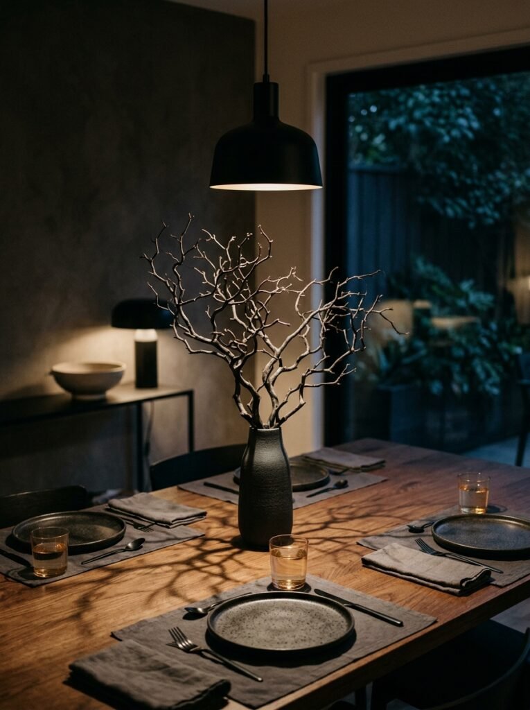 Bare manzanita branches in a slender charcoal vase.