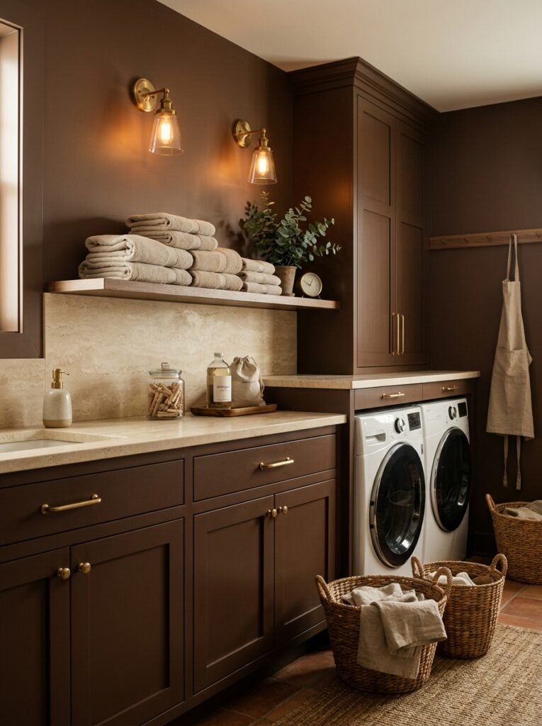 Chocolate brown laundry room with cream counter and brass sconces
