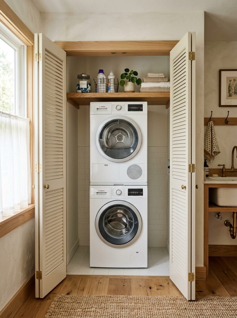 Converted closet holding a stacked washer and dryer